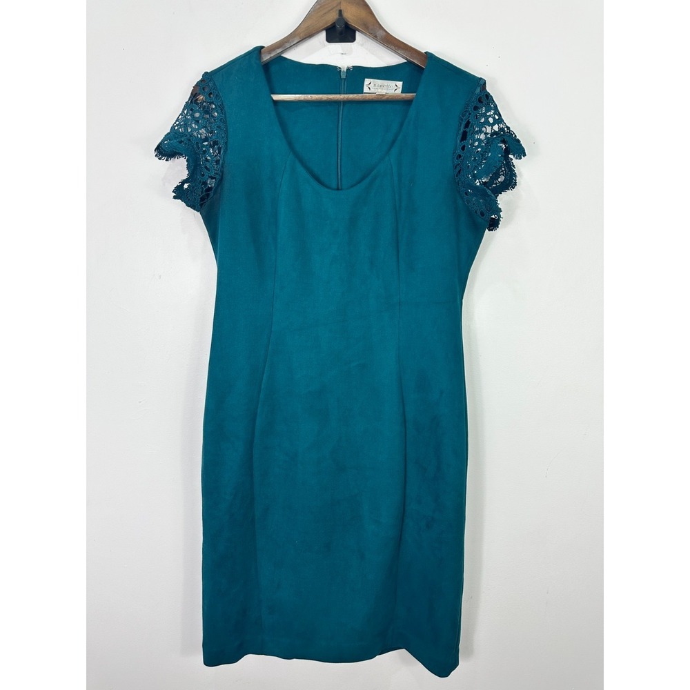 Nanette Lepore Teal Blue Faux Suede Sheath Dress Lace Cap Sleeve Size 8 Cocktail